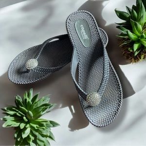 Capelli Grey Rubber Faux‎ Braided Thong Sandal with Rhinestone Embellishments
